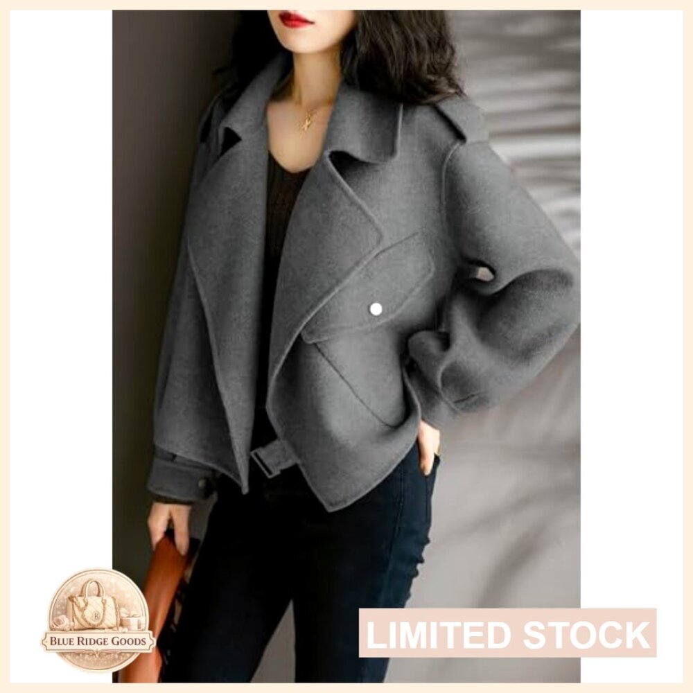 Cropped Wool Blazer Jacket Open Front Loose Fit Casual Dressy Trench Coat - Picture 3 of 6